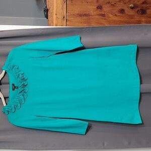 Talbots Petites Dress Dark Aqua Ruffled Neckline Slip-on 3/4 Sleeves Siz…